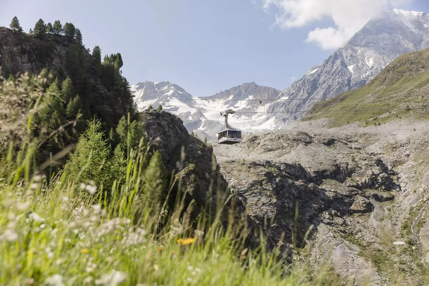 Seilbahngondel vor Gletscher und Königsspitze